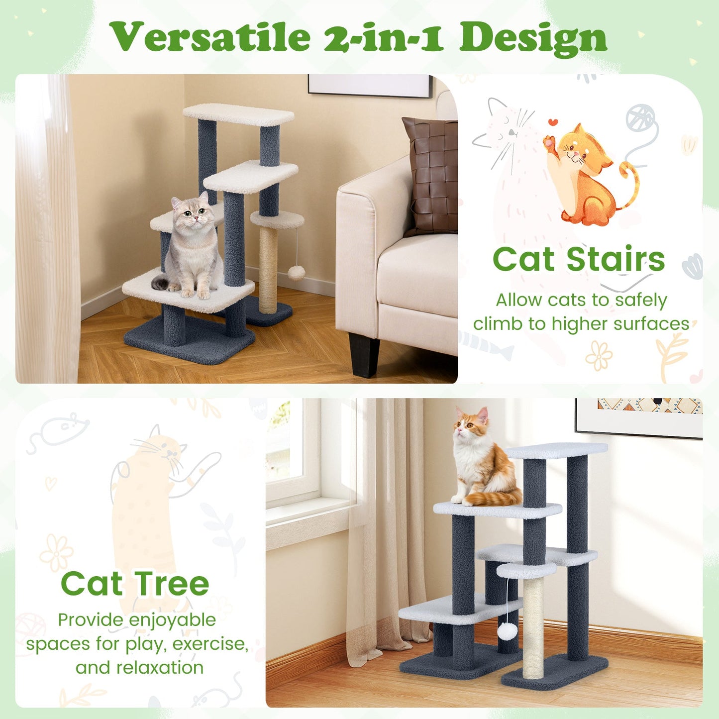 2-in-1 Cat Stairs, Tree Tower