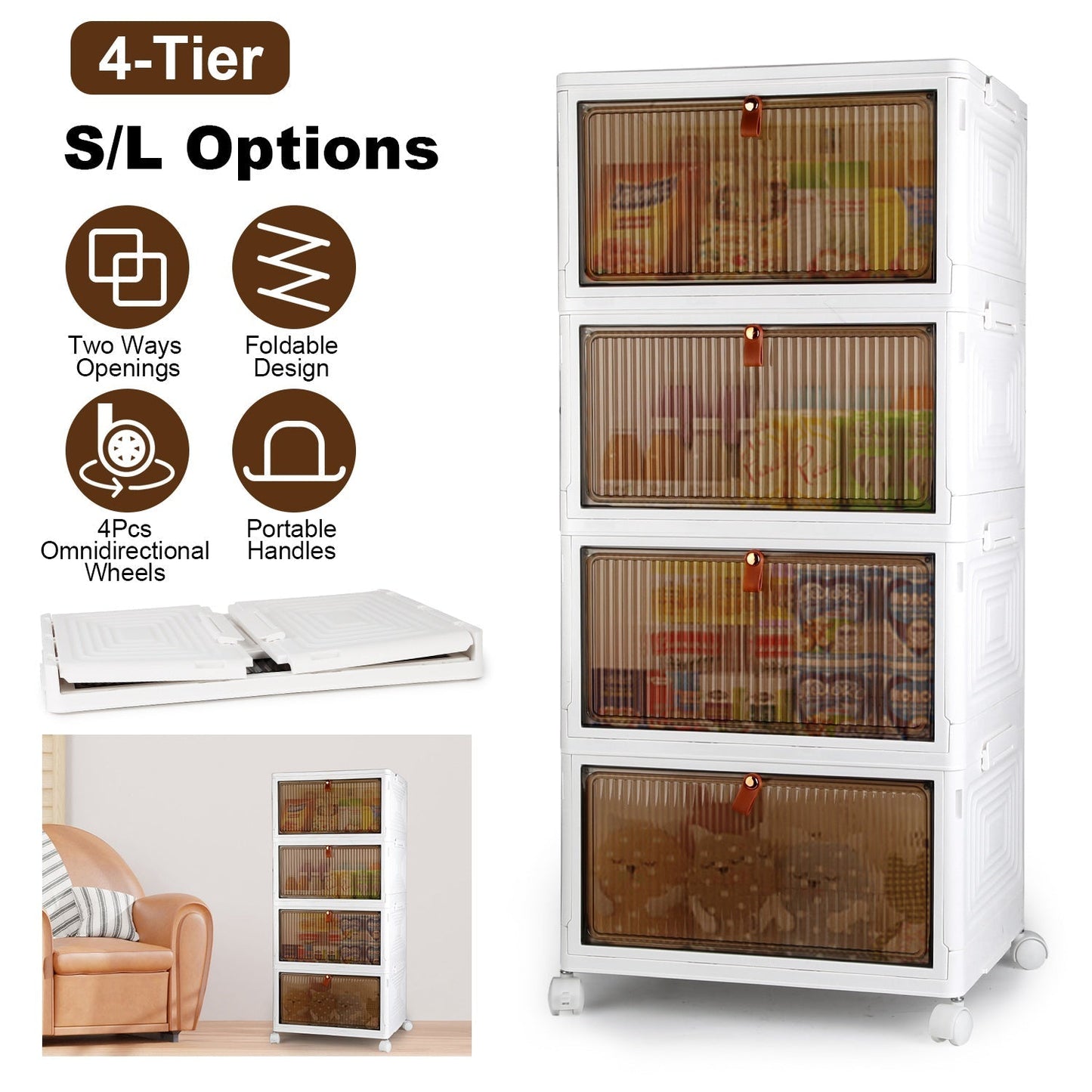 4-Tier Foldable Storage Bins with Wheels