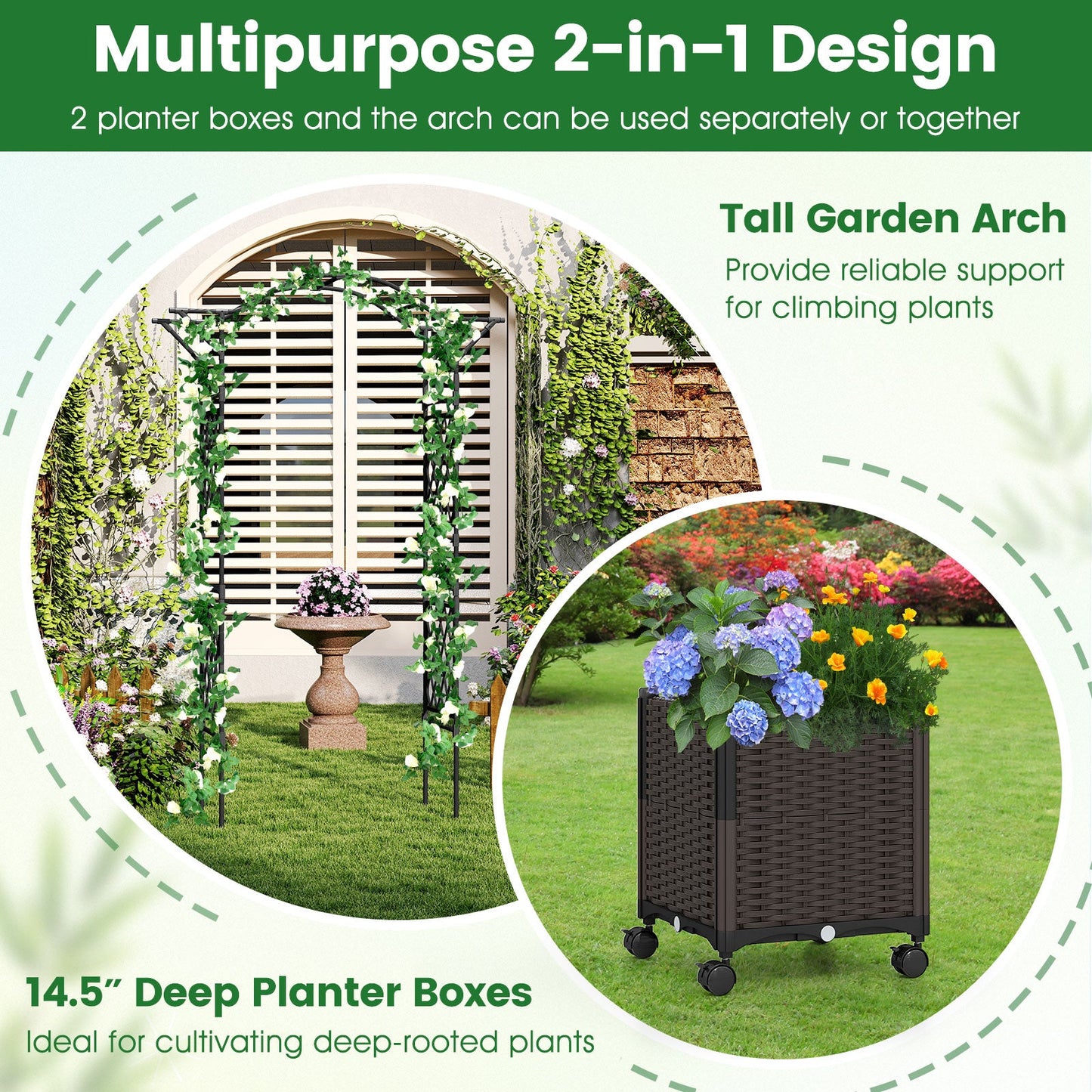 Garden Arch Trellis with 2 Self-Watering Planter Boxes