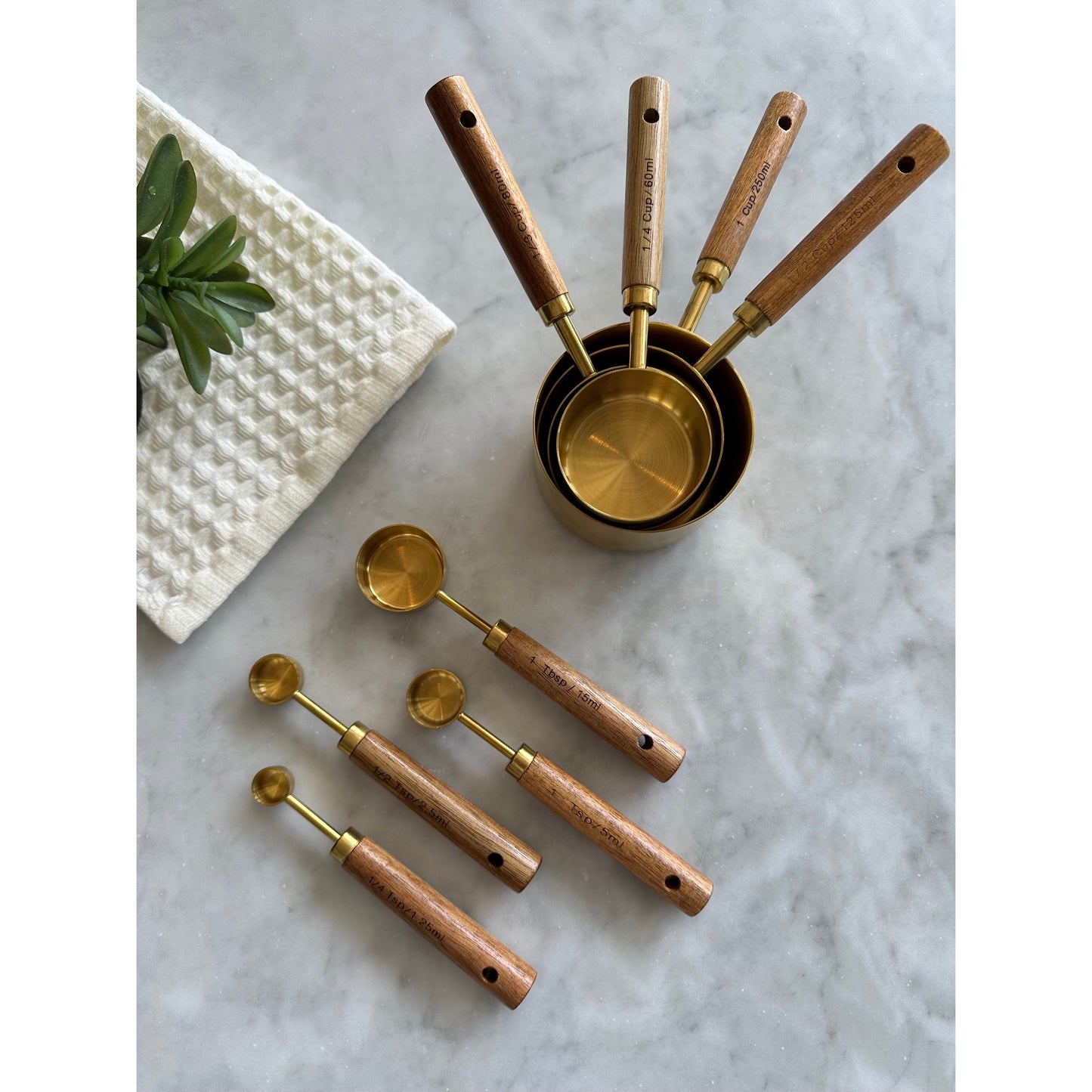 Acacia Wood and Gold Measuring Cups and Spoons