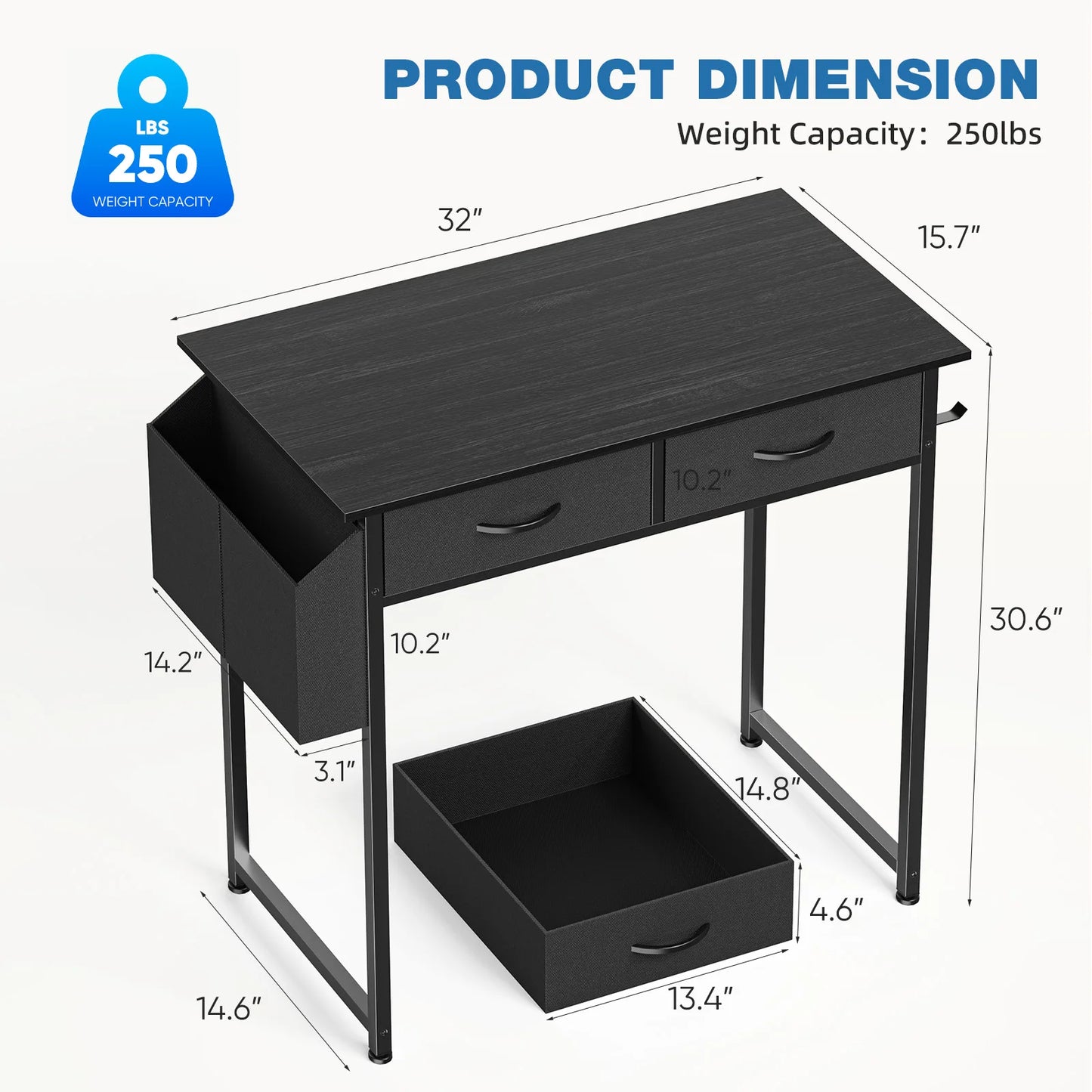 32in Computer Desk with Fabric Storage Drawers