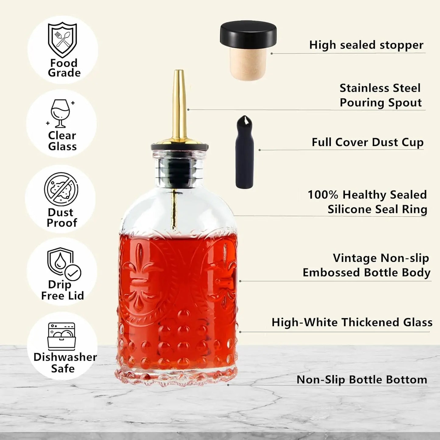 Glass Syrup Dispenser Bottle 7oz with Metal Pour Spout, Labels & Stopper for Coffee, Maple, Honey, Oil, Sauces
