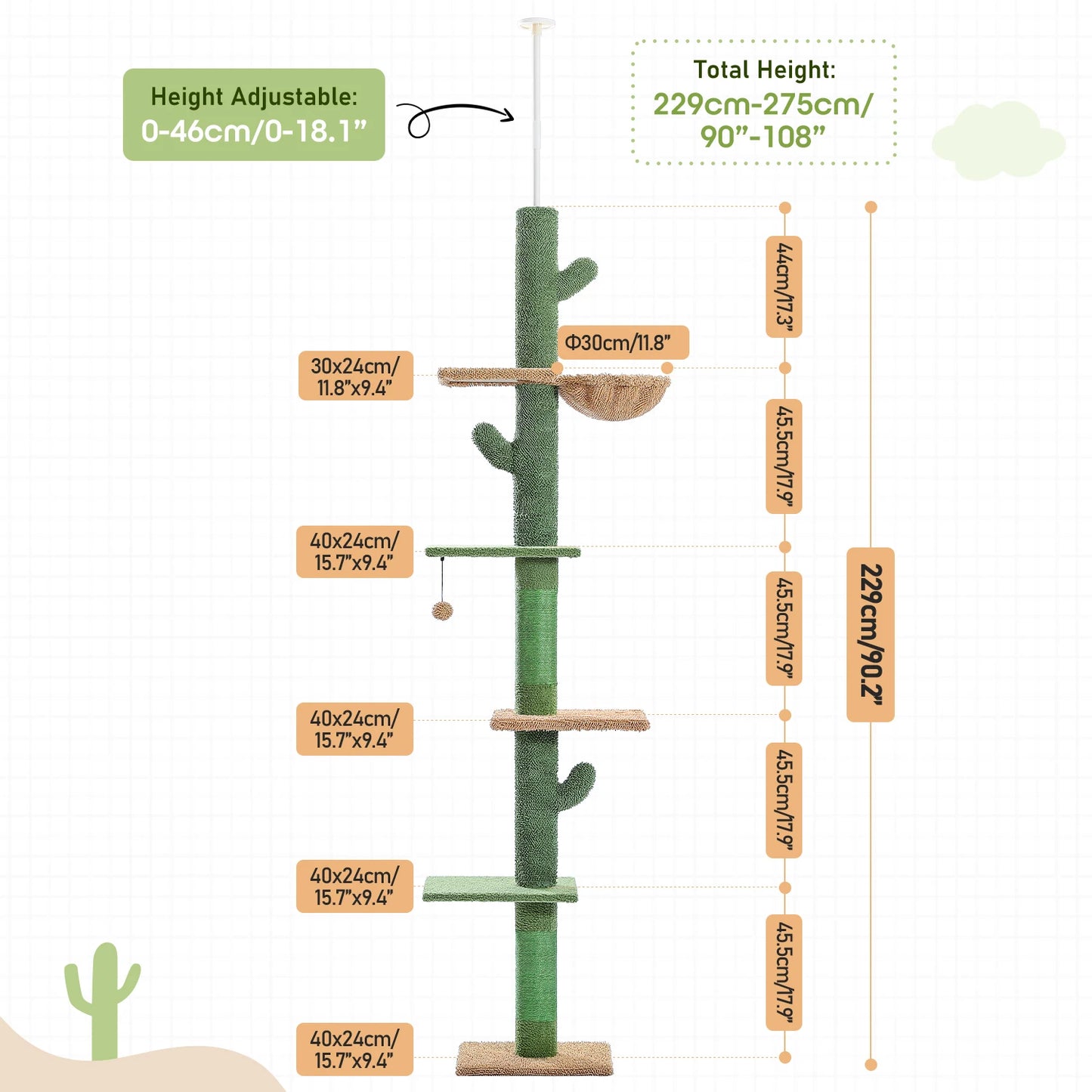 5-Tier Floor to Ceiling Cat Tower Cactus