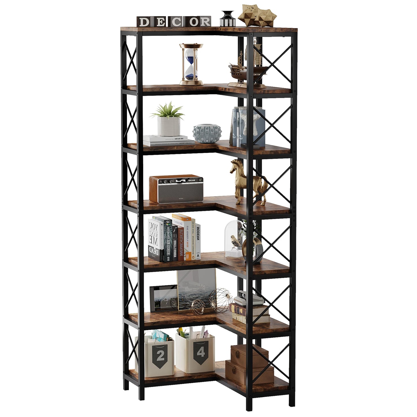 Tribesigns 7-Shelf Corner Bookshelf w/ Metal Frame