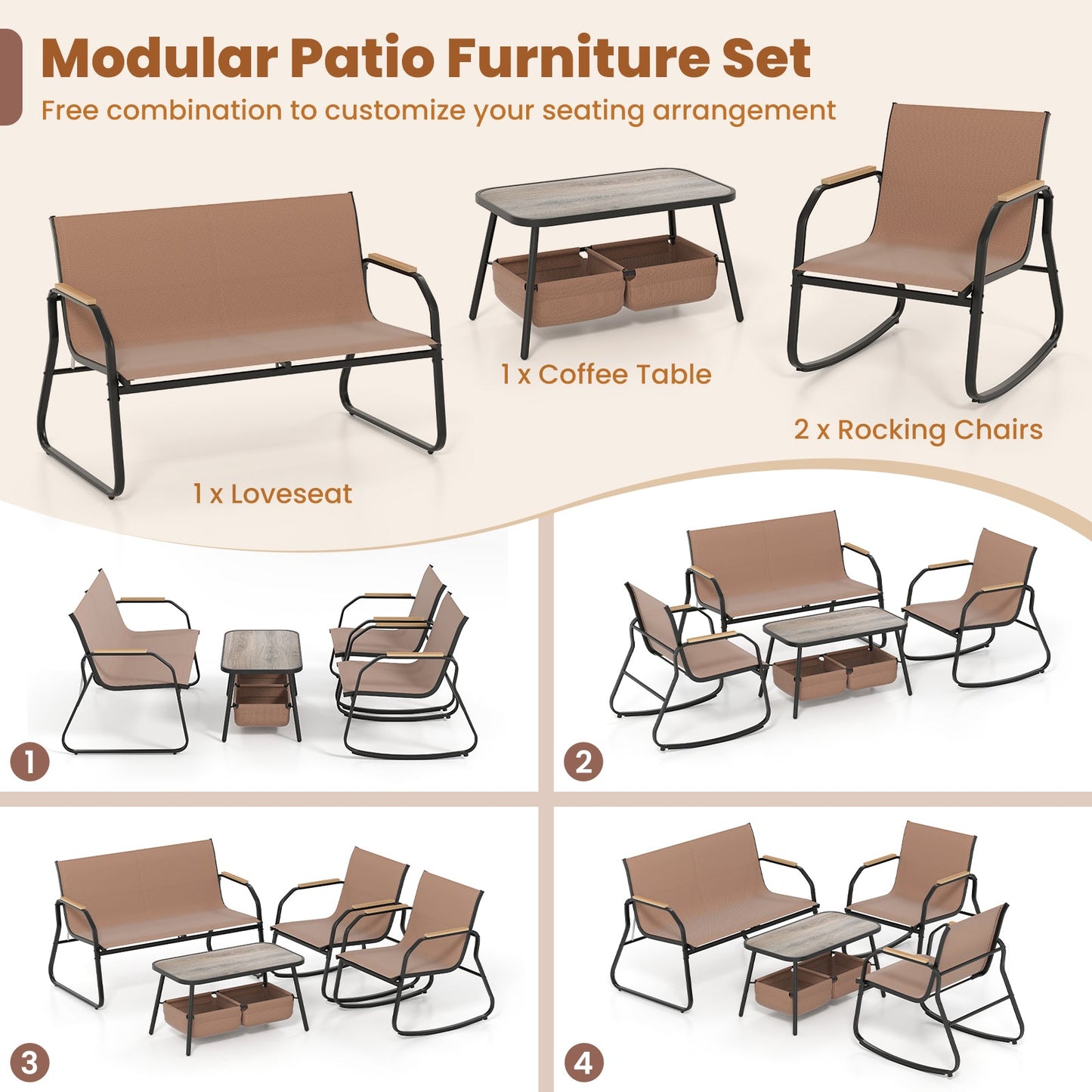 4 Pieces Patio Furniture Set with Rocking Bistro Chairs