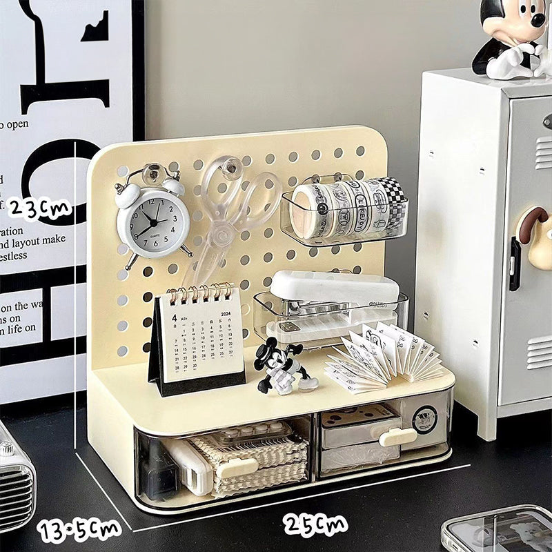 Desk Organizer with Hook Drawer, Hole Board, Card Display Stand, and Stationery Storage Rack