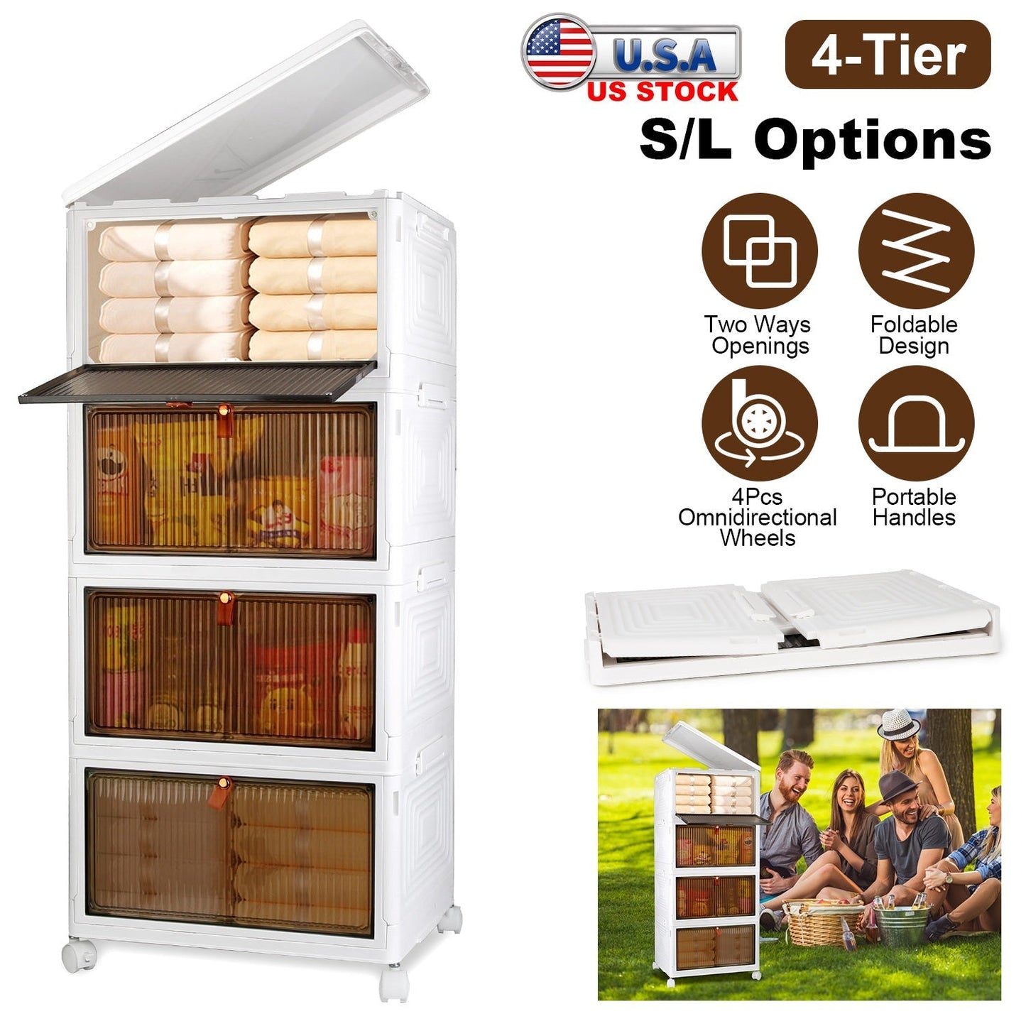 4-Tier Foldable Storage Bins with Wheels