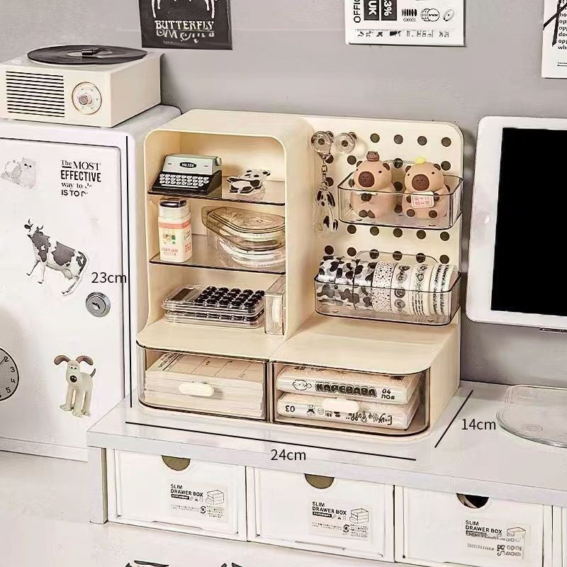Desk Organizer with Hook Drawer, Hole Board, Card Display Stand, and Stationery Storage Rack