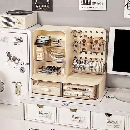 Desk Organizer with Hook Drawer, Hole Board, Card Display Stand, and Stationery Storage Rack