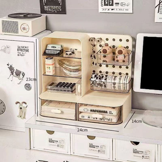 Desk Organizer with Hook Drawer, Hole Board, Card Display Stand, and Stationery Storage Rack