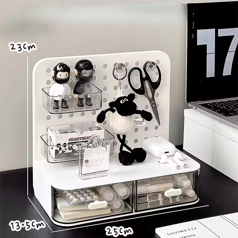 Desk Organizer with Hook Drawer, Hole Board, Card Display Stand, and Stationery Storage Rack
