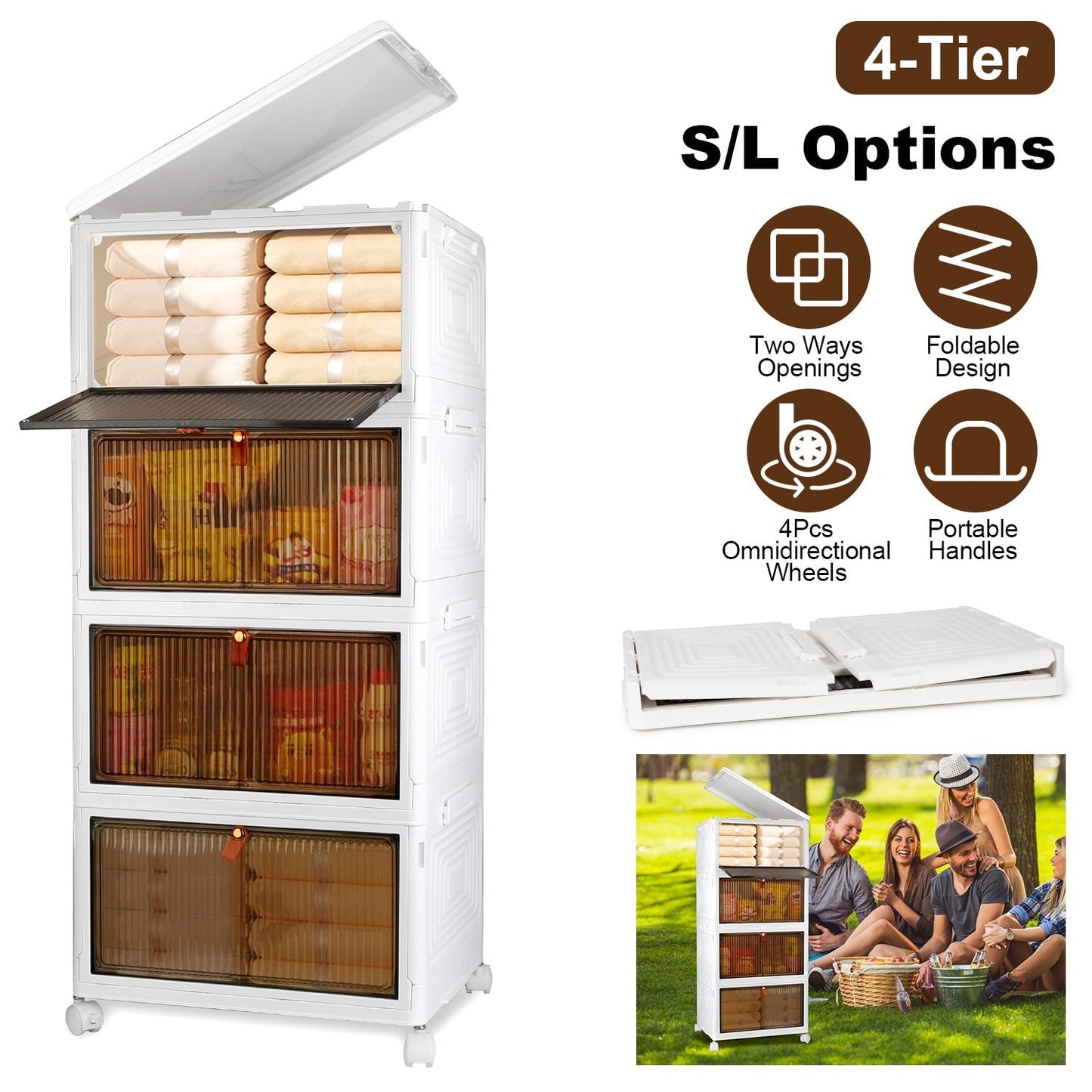 4-Tier Foldable Storage Bins with Wheels