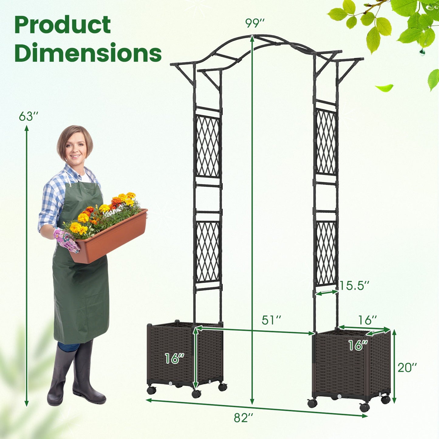 Garden Arch Trellis with 2 Self-Watering Planter Boxes