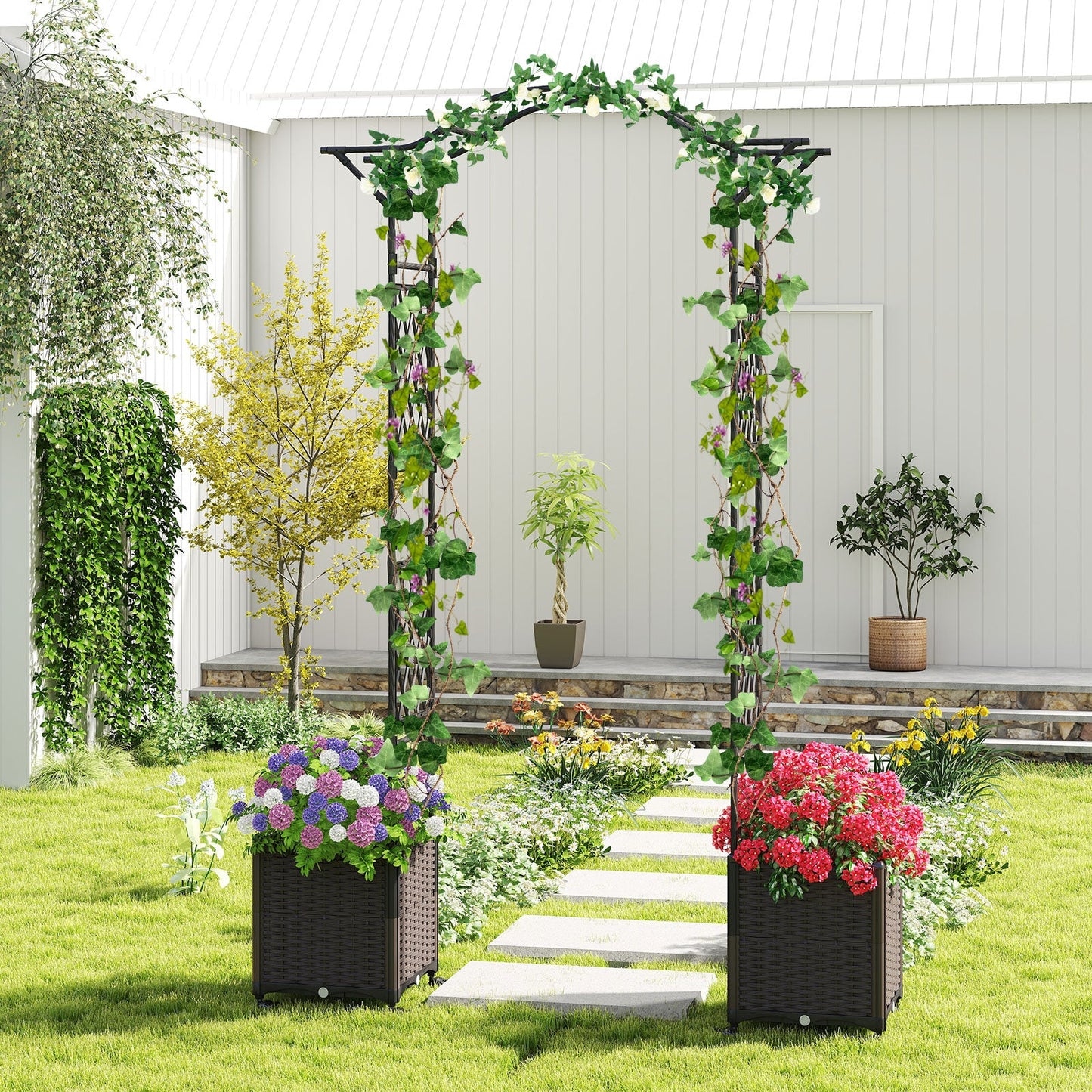 Garden Arch Trellis with 2 Self-Watering Planter Boxes