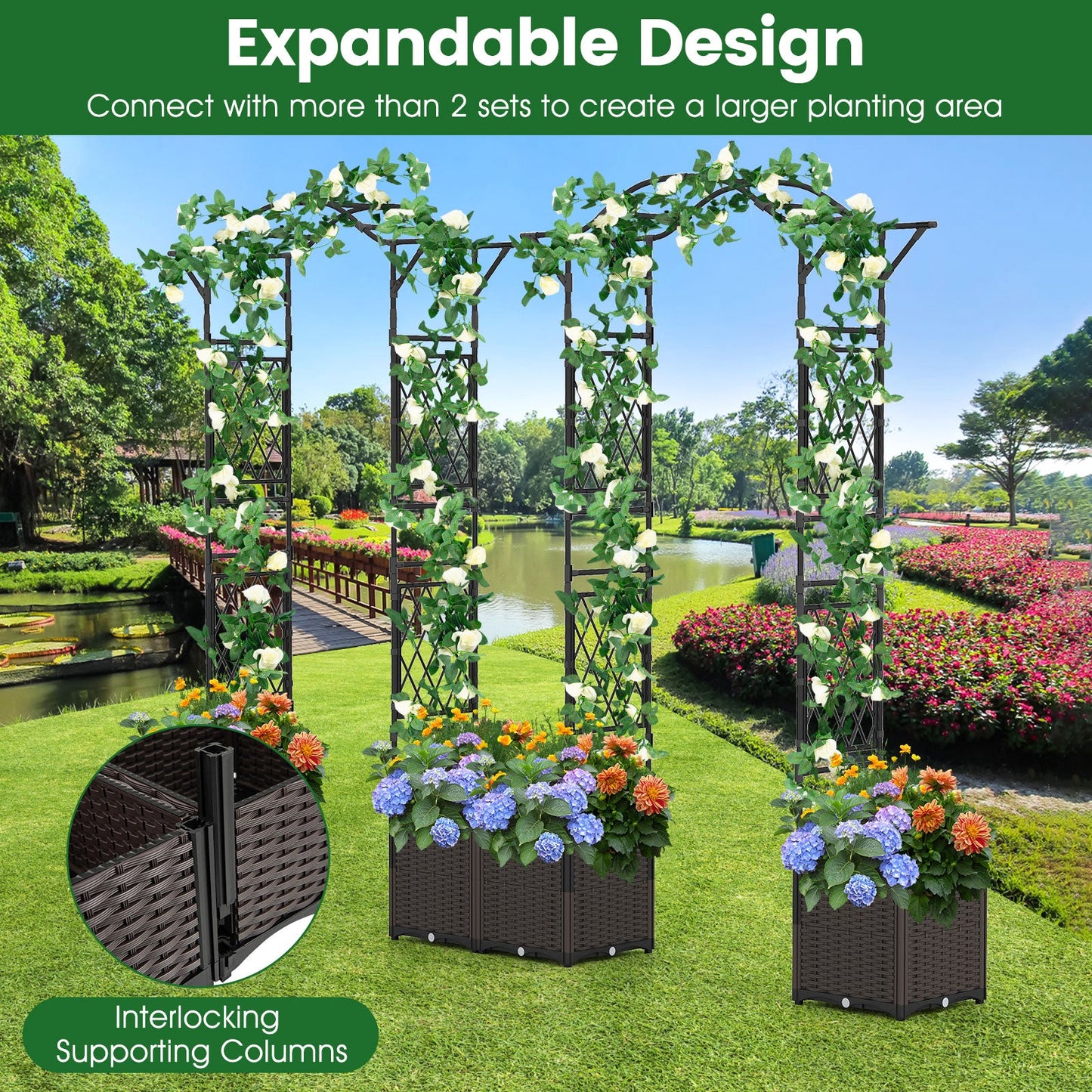 Garden Arch Trellis with 2 Self-Watering Planter Boxes