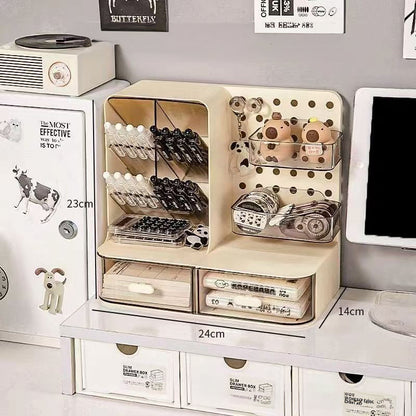 Desk Organizer with Hook Drawer, Hole Board, Card Display Stand, and Stationery Storage Rack