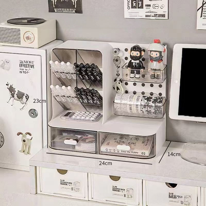 Desk Organizer with Hook Drawer, Hole Board, Card Display Stand, and Stationery Storage Rack