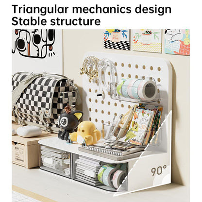 Desk Organizer with Hook Drawer, Hole Board, Card Display Stand, and Stationery Storage Rack