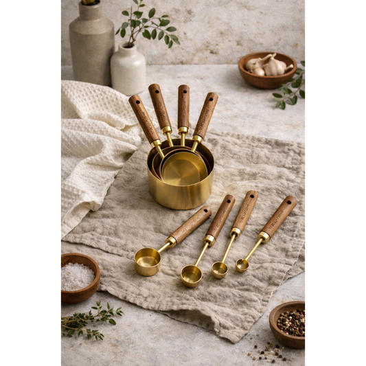 Acacia Wood and Gold Measuring Cups and Spoons