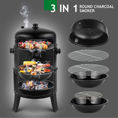 3-in-1 Portable Charcoal Smoker Grill