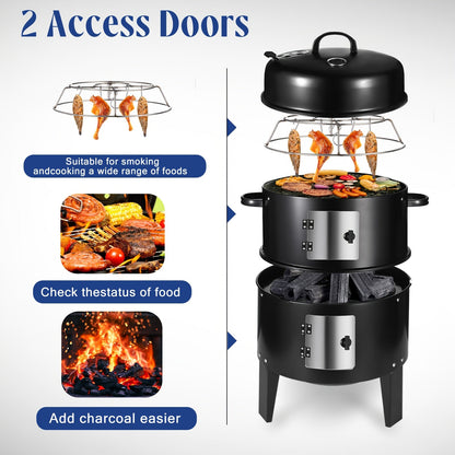 3-in-1 Portable Charcoal Smoker Grill