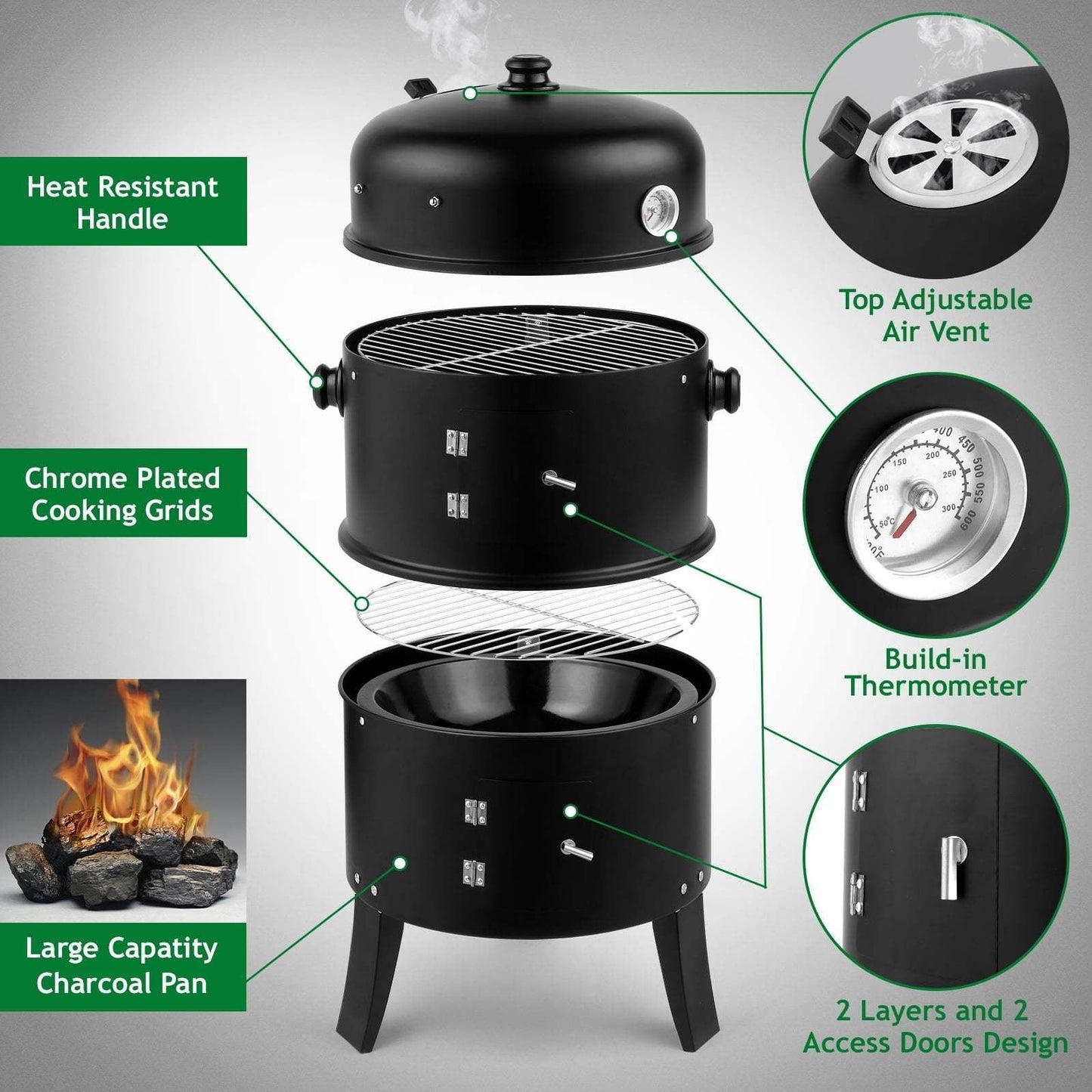 3-in-1 Portable Charcoal Smoker Grill