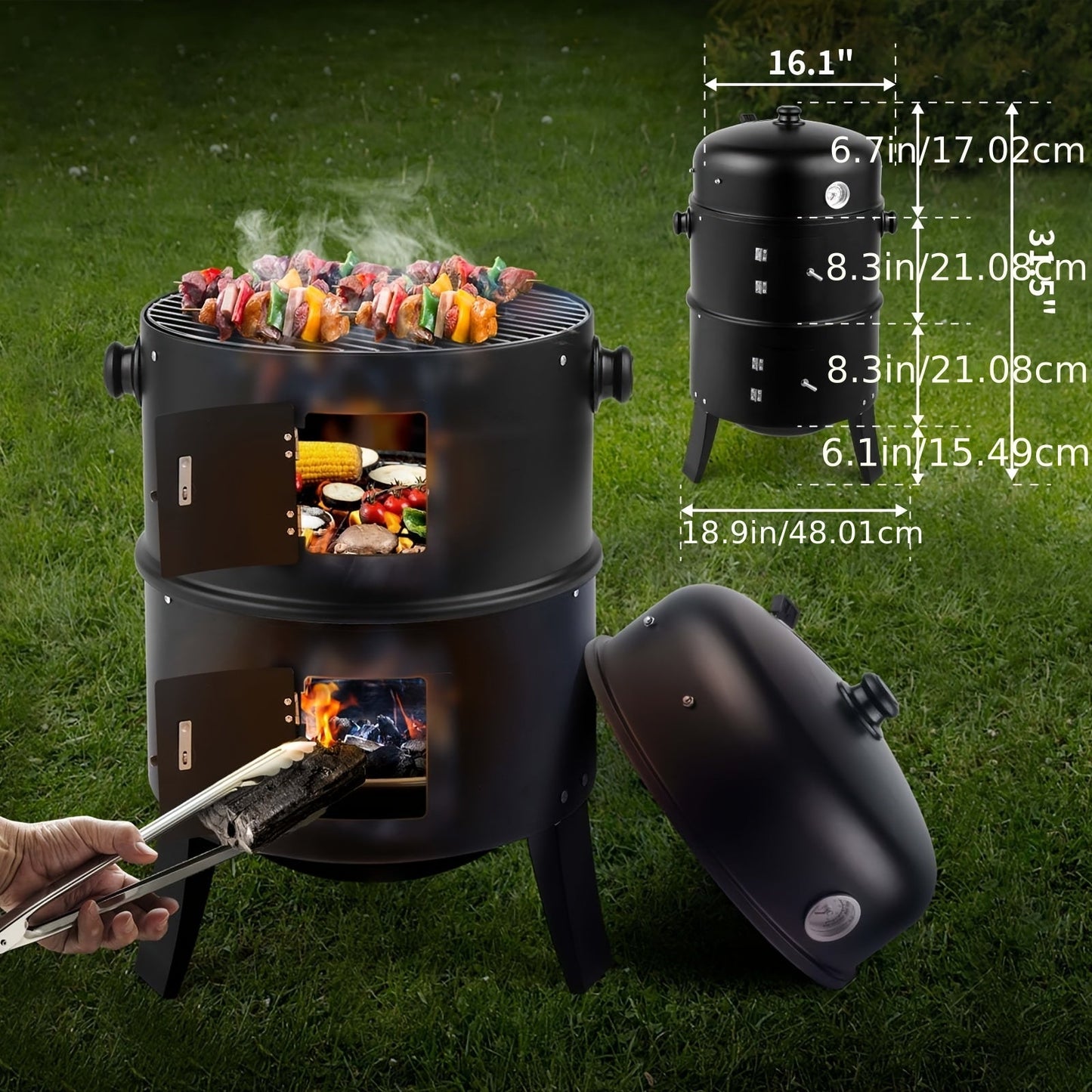 3-in-1 Portable Charcoal Smoker Grill