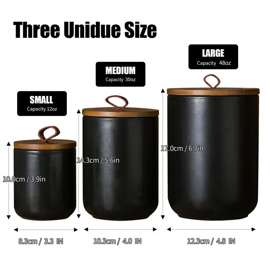 Black Ceramic Canister Set with Wooden Lids