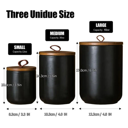 Black Ceramic Canister Set with Wooden Lids