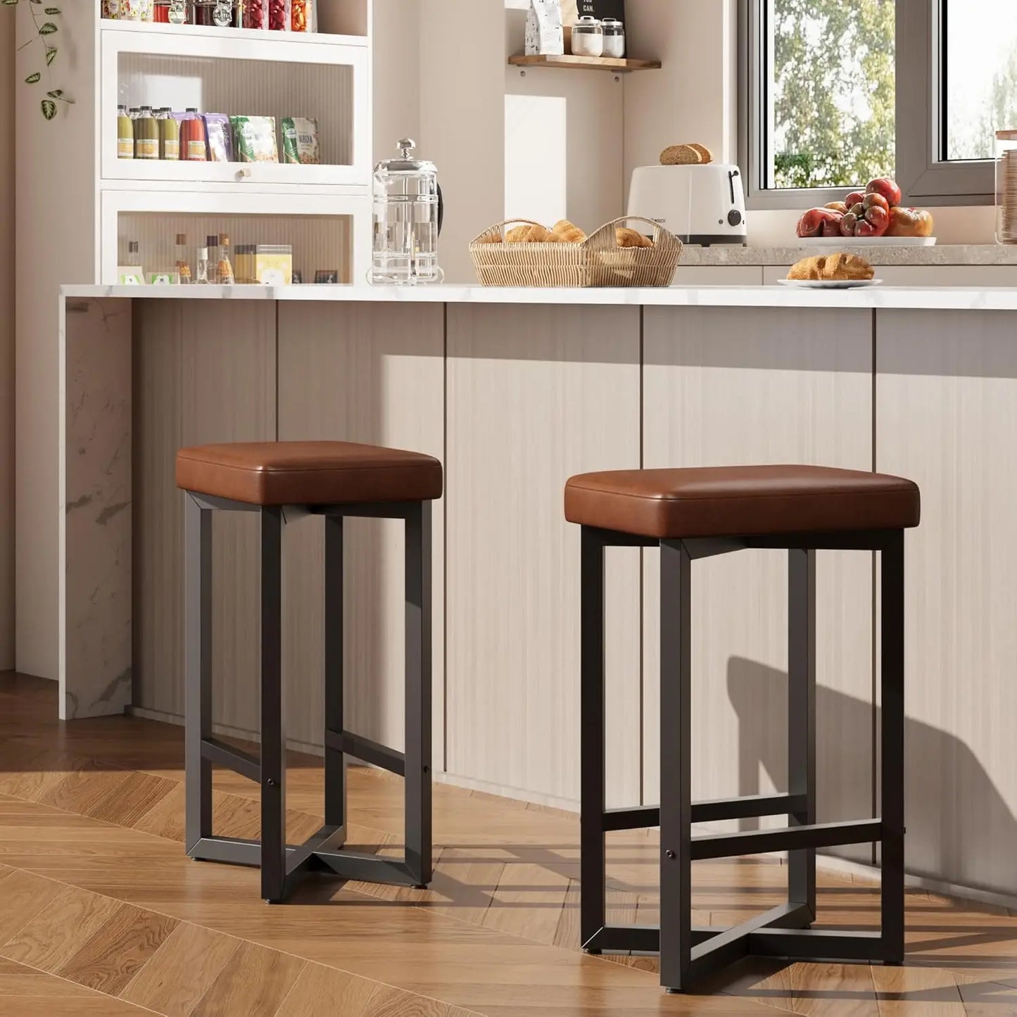 24" Bar Stools with Metal X-Frame & Leather Seats