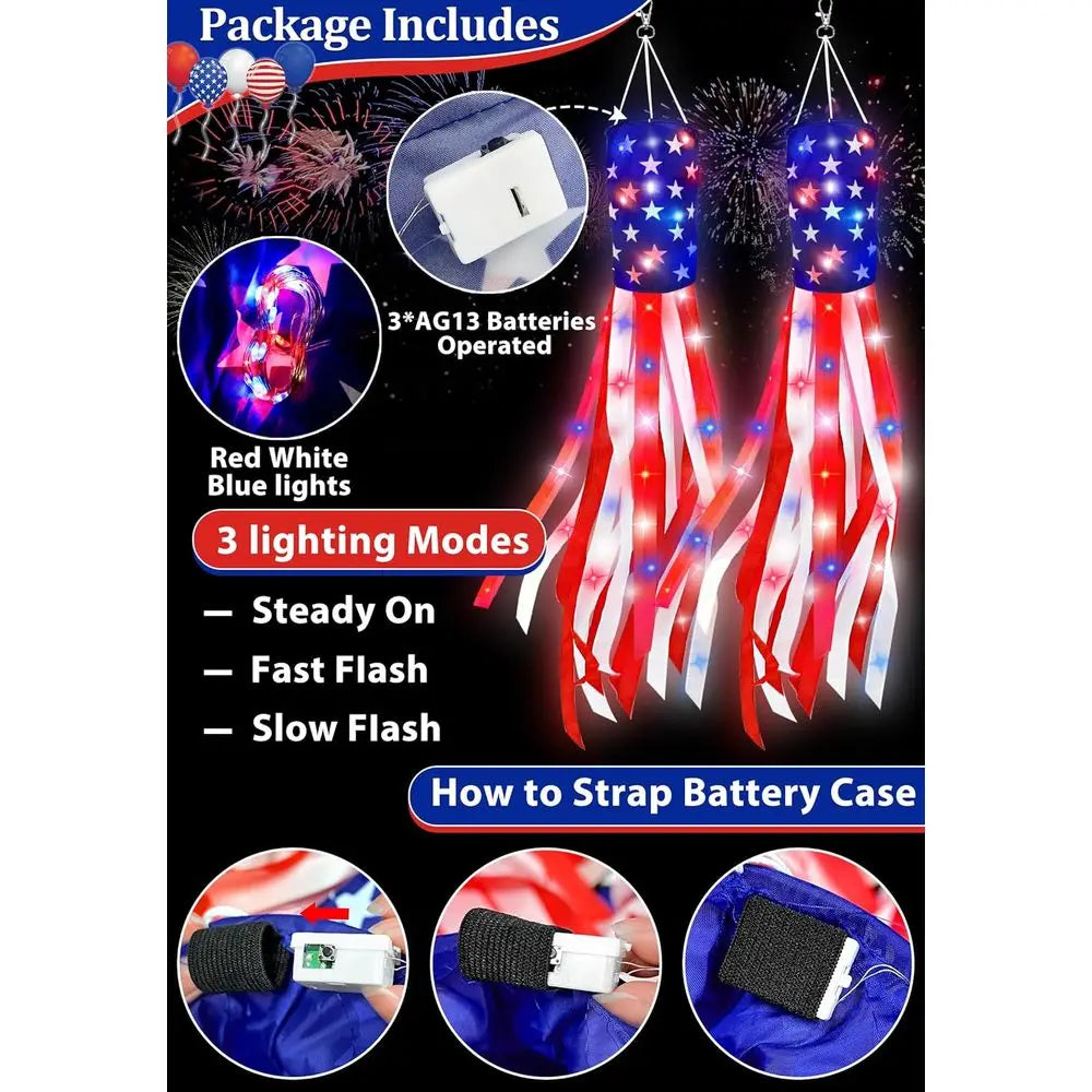 2 Pk Lighted American Flag Windsock