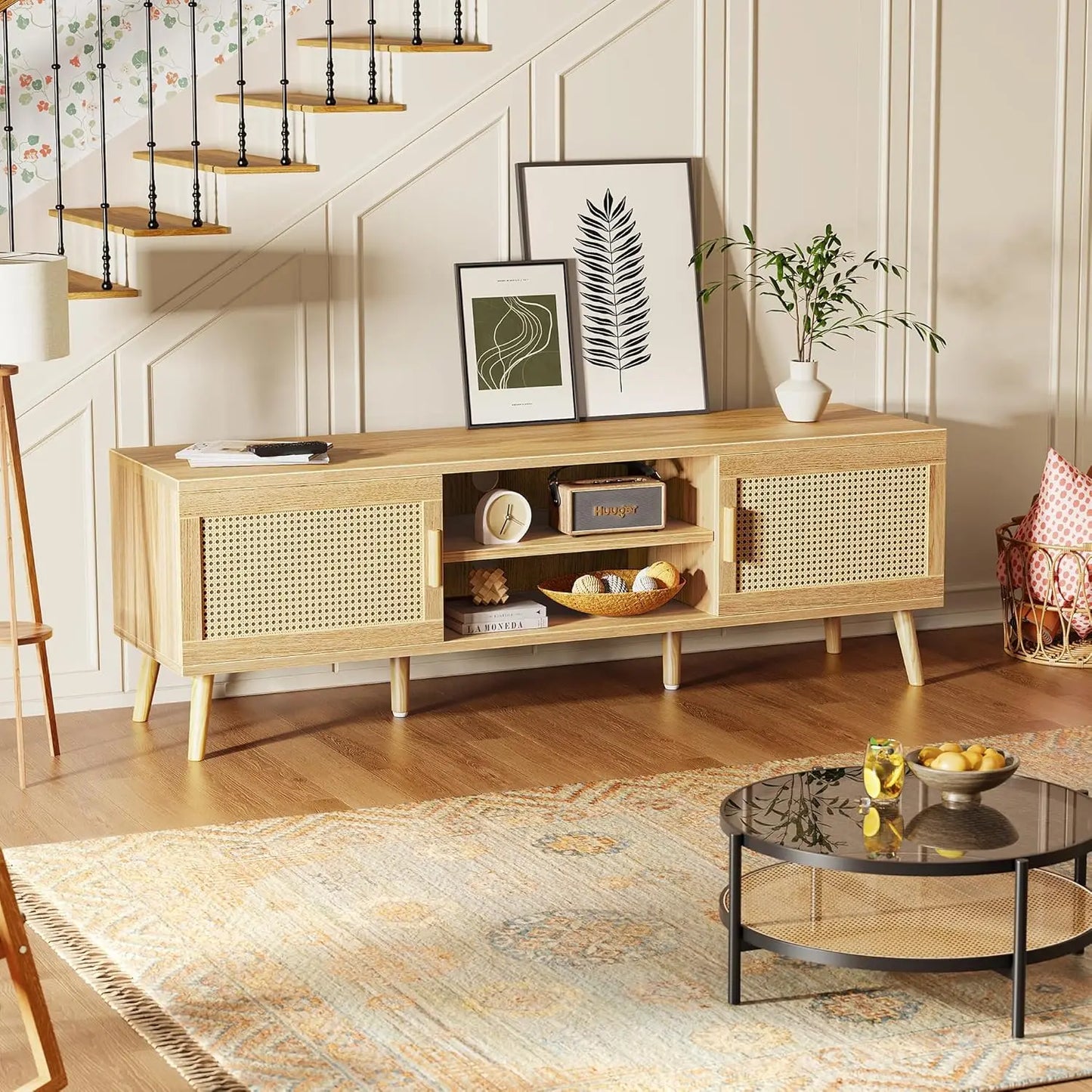 Boho TV Stand with 2 Cabinets & Shelving