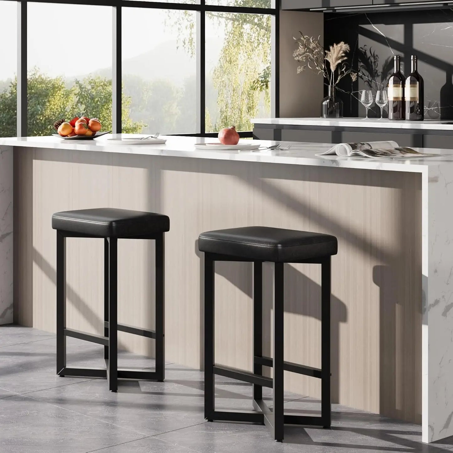 24" Bar Stools with Metal X-Frame & Leather Seats