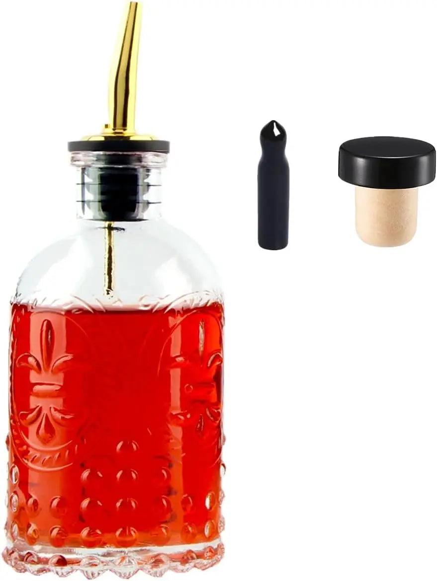 Glass Syrup Dispenser Bottle 7oz with Metal Pour Spout, Labels & Stopper for Coffee, Maple, Honey, Oil, Sauces