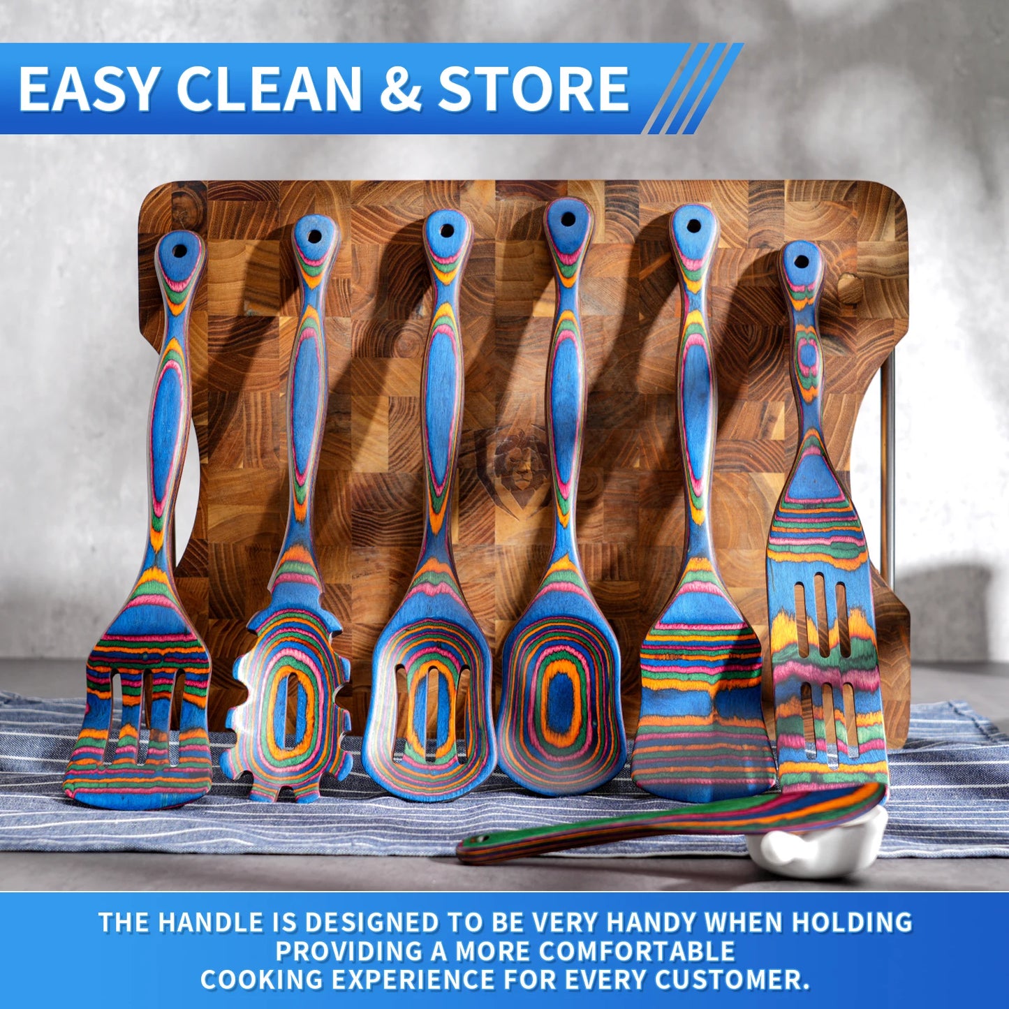 7Pcs Blue Pakkawood Wooden Cooking Utensils