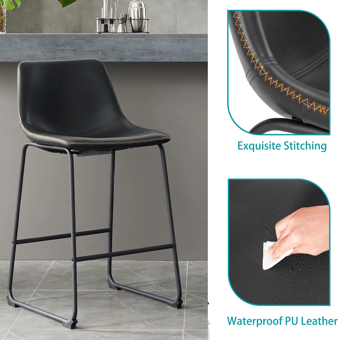 Set of 2 Modern Faux Leather Counter Height Bar Stools