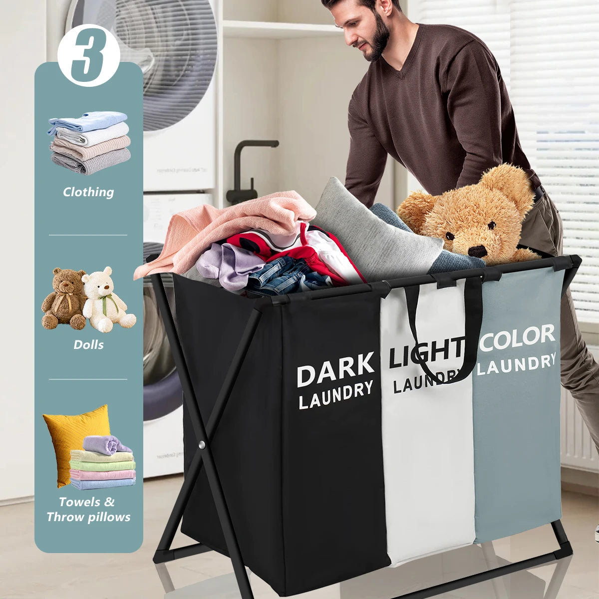 Large 3-Section Divided Laundry Basket