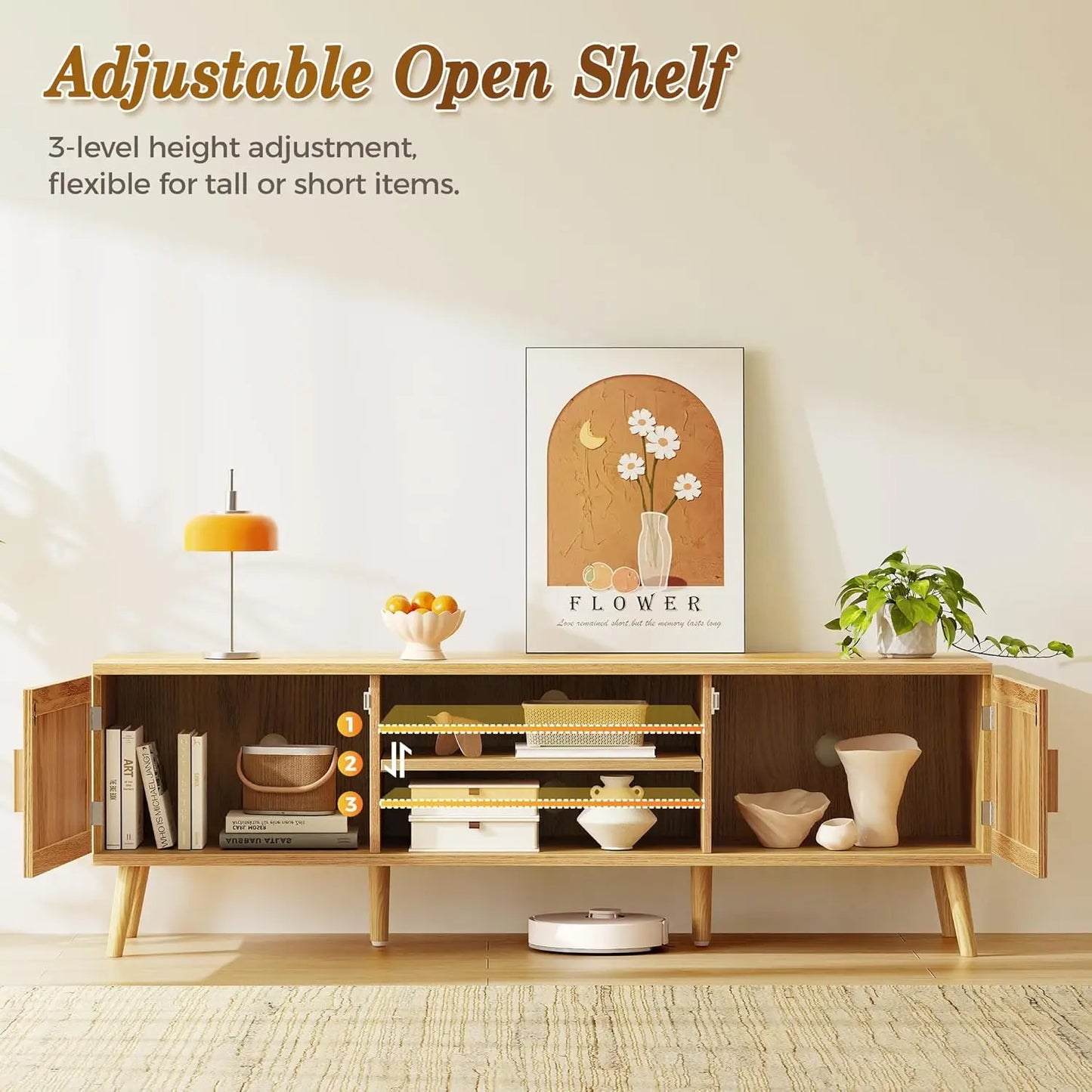 Boho TV Stand with 2 Cabinets & Shelving