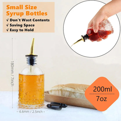 Glass Syrup Dispenser Bottle 7oz with Metal Pour Spout, Labels & Stopper for Coffee, Maple, Honey, Oil, Sauces