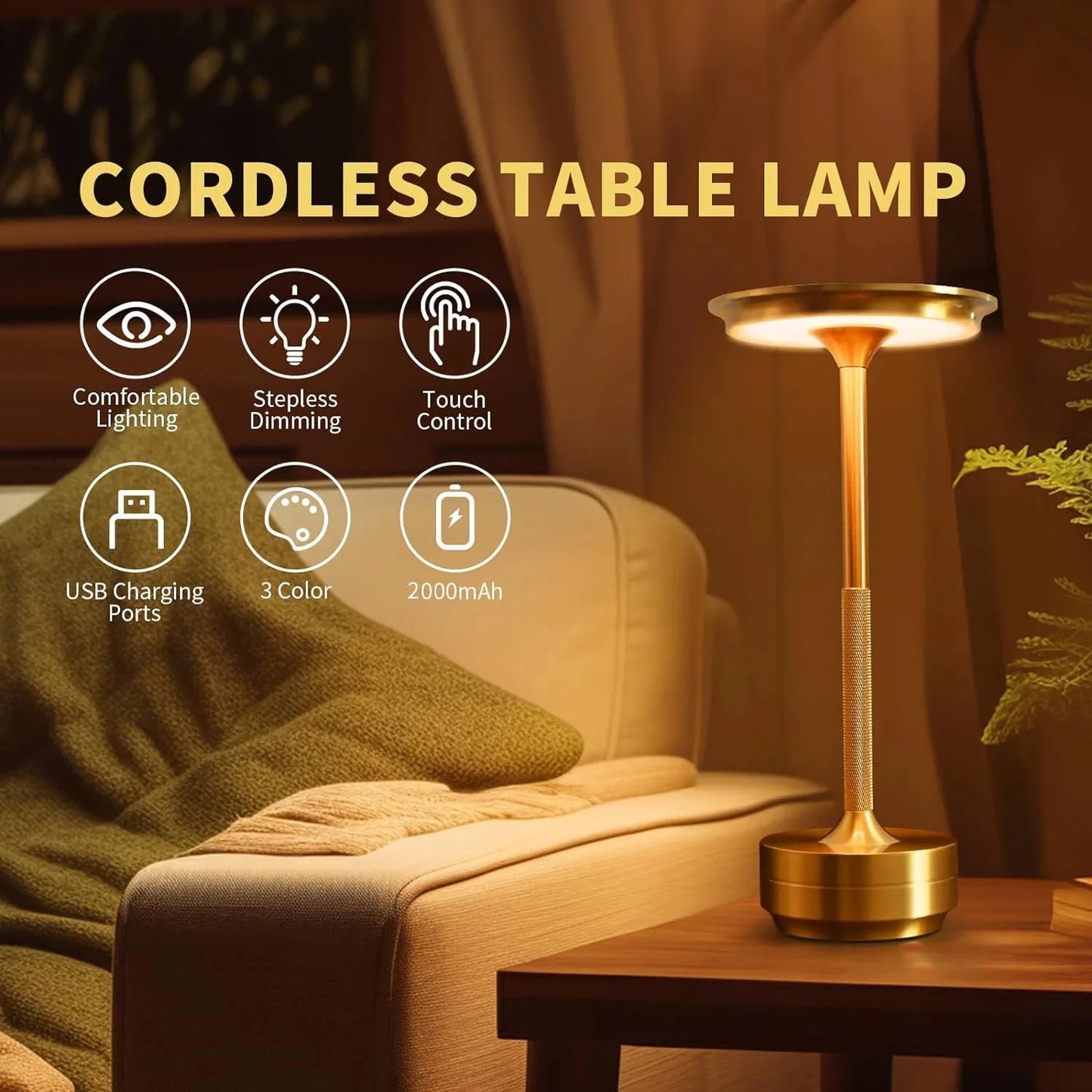 2PCS Rechargeable Wireless Table Lamp USB-C