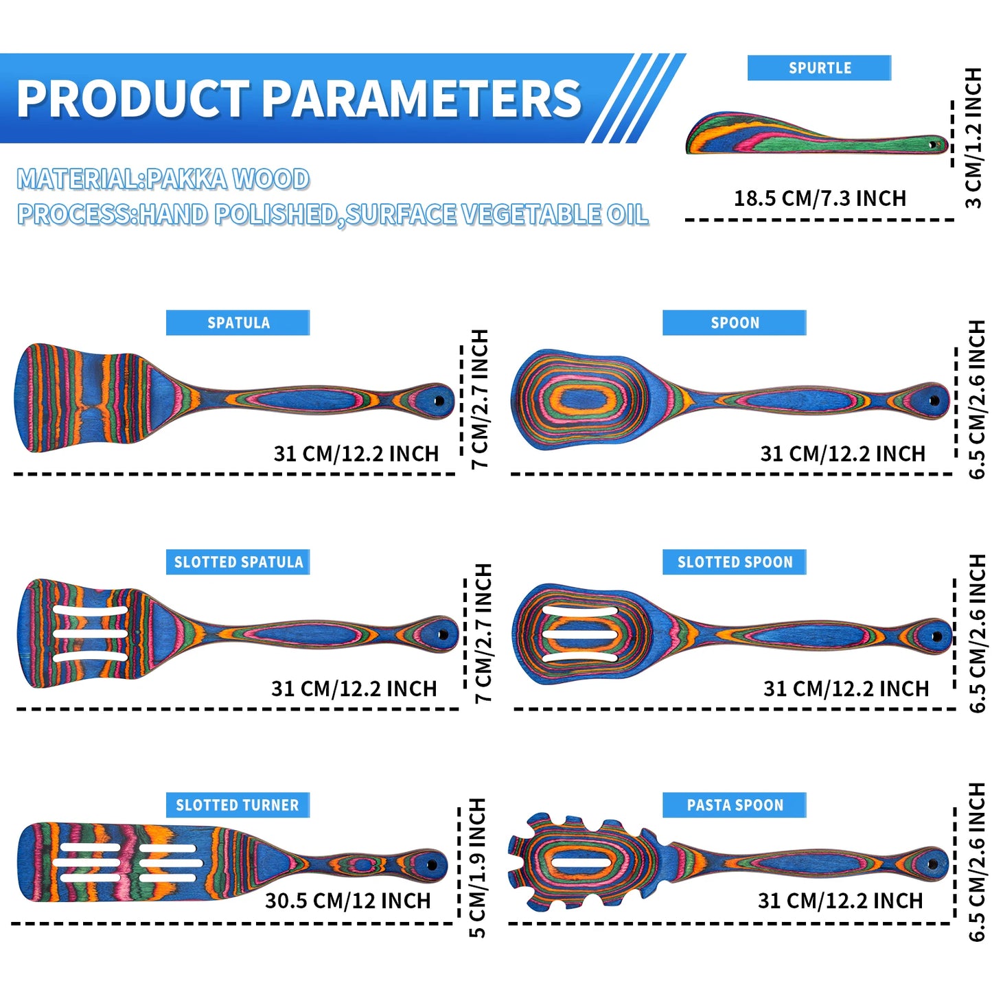 7Pcs Blue Pakkawood Wooden Cooking Utensils