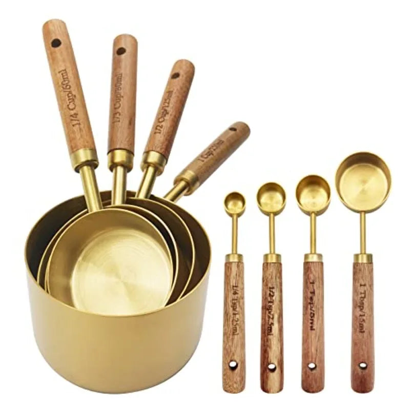 Gold or Wooden Handle Measuring Cups and Spoons Set