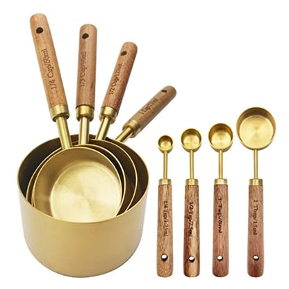 Gold or Wooden Handle Measuring Cups and Spoons Set