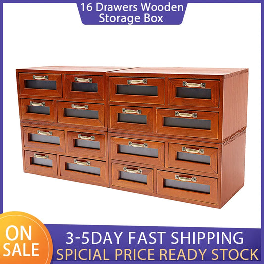 16-Drawer Walnut Desktop Storage Organizer