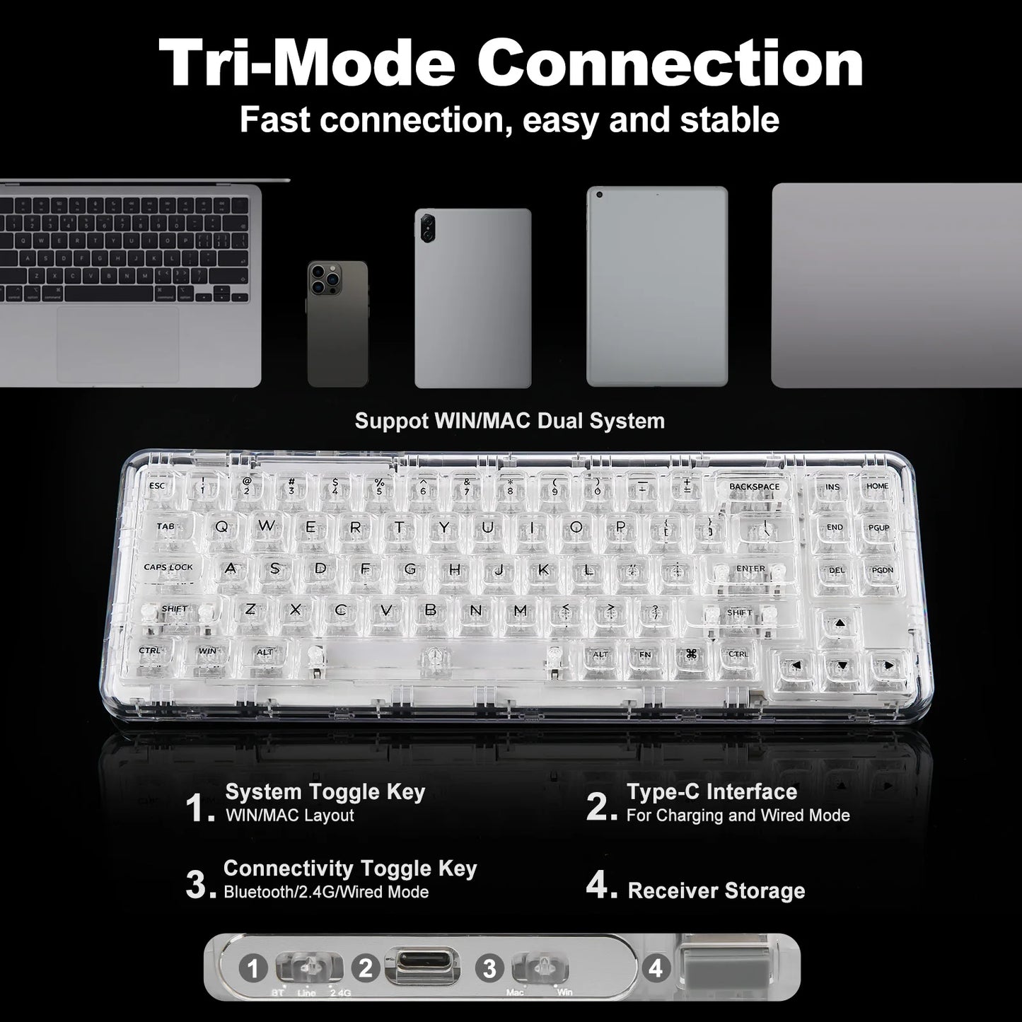 Transparent Gaming Keyboard with Clear Keycaps