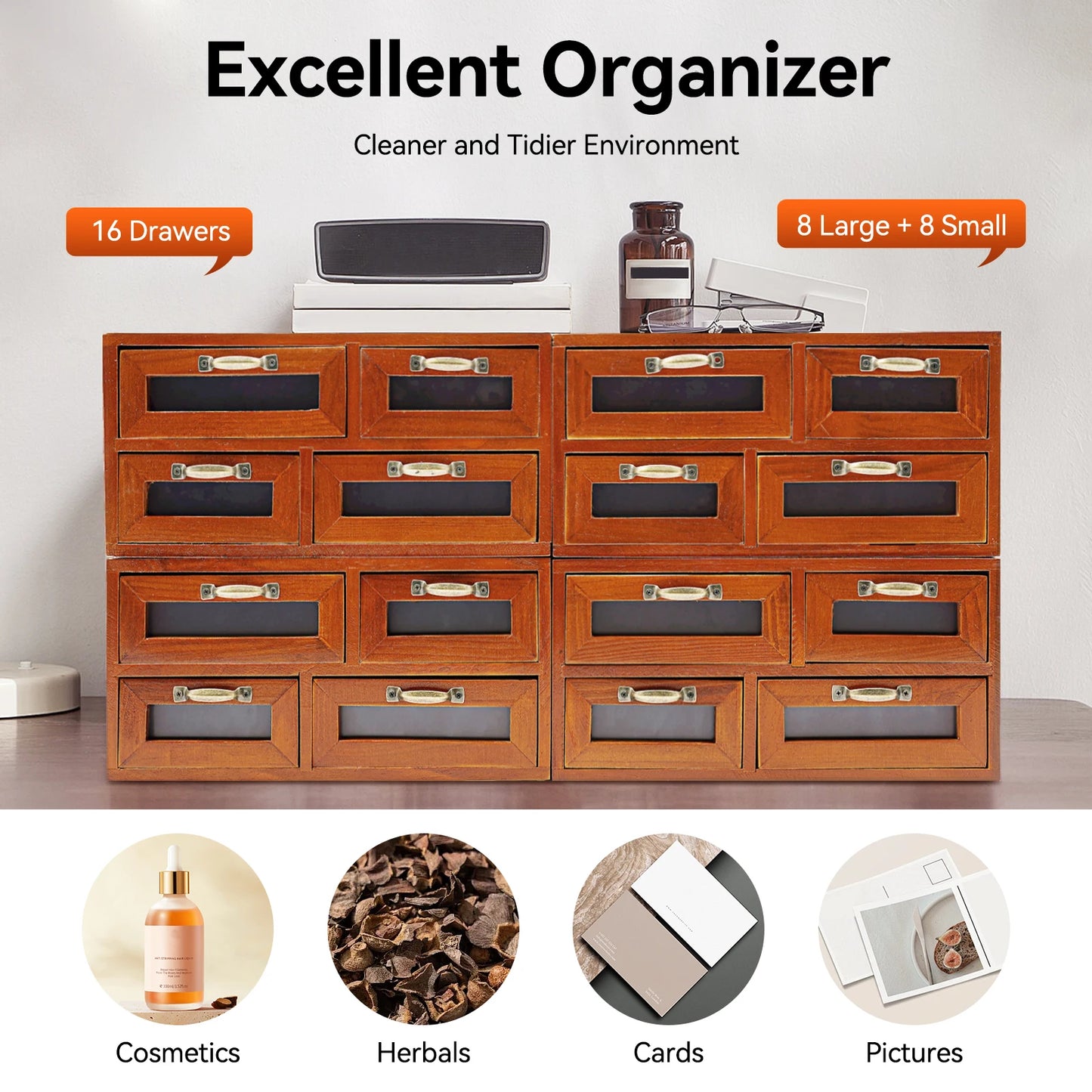 16-Drawer Walnut Desktop Storage Organizer