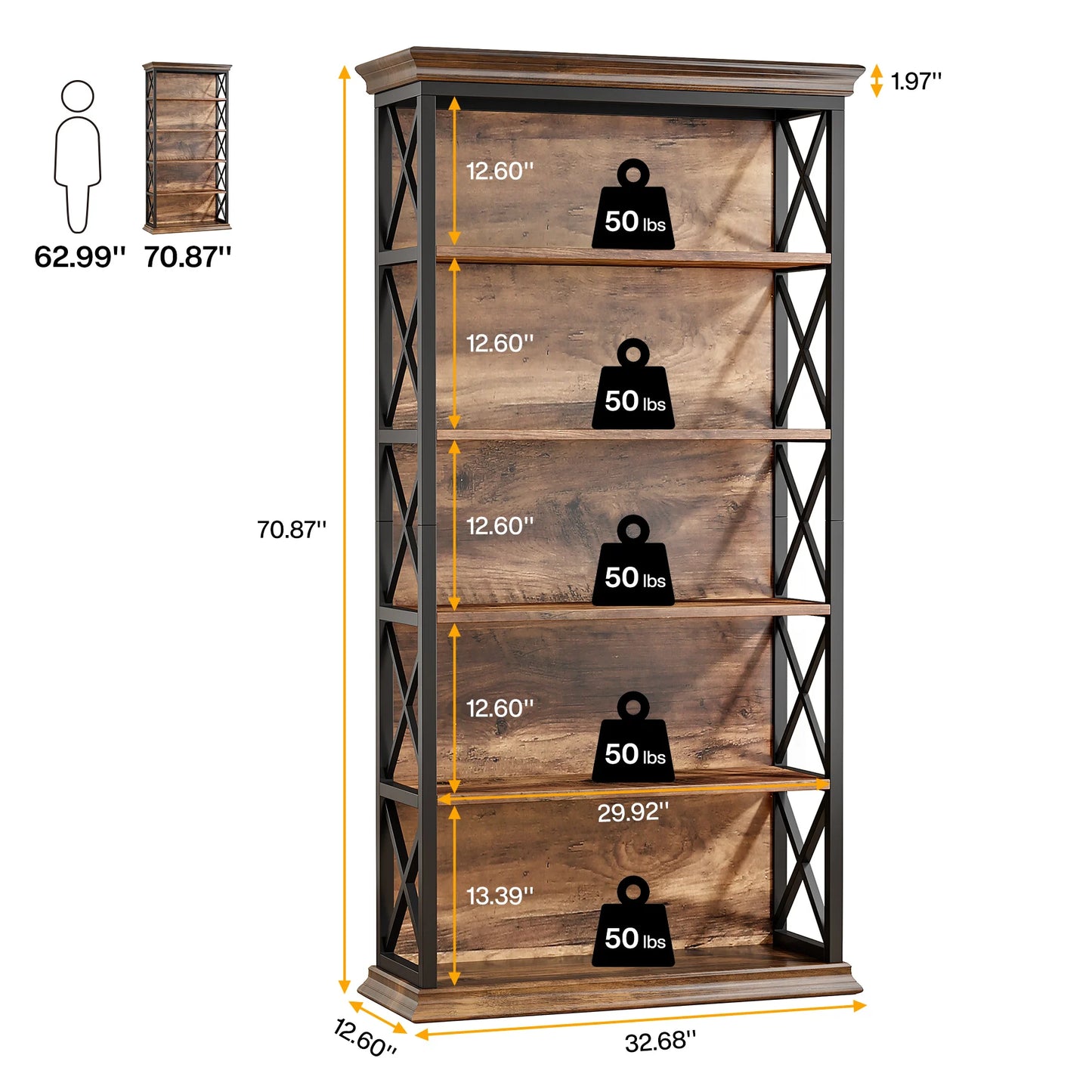 71 in 6-Tier Industrial Bookcase