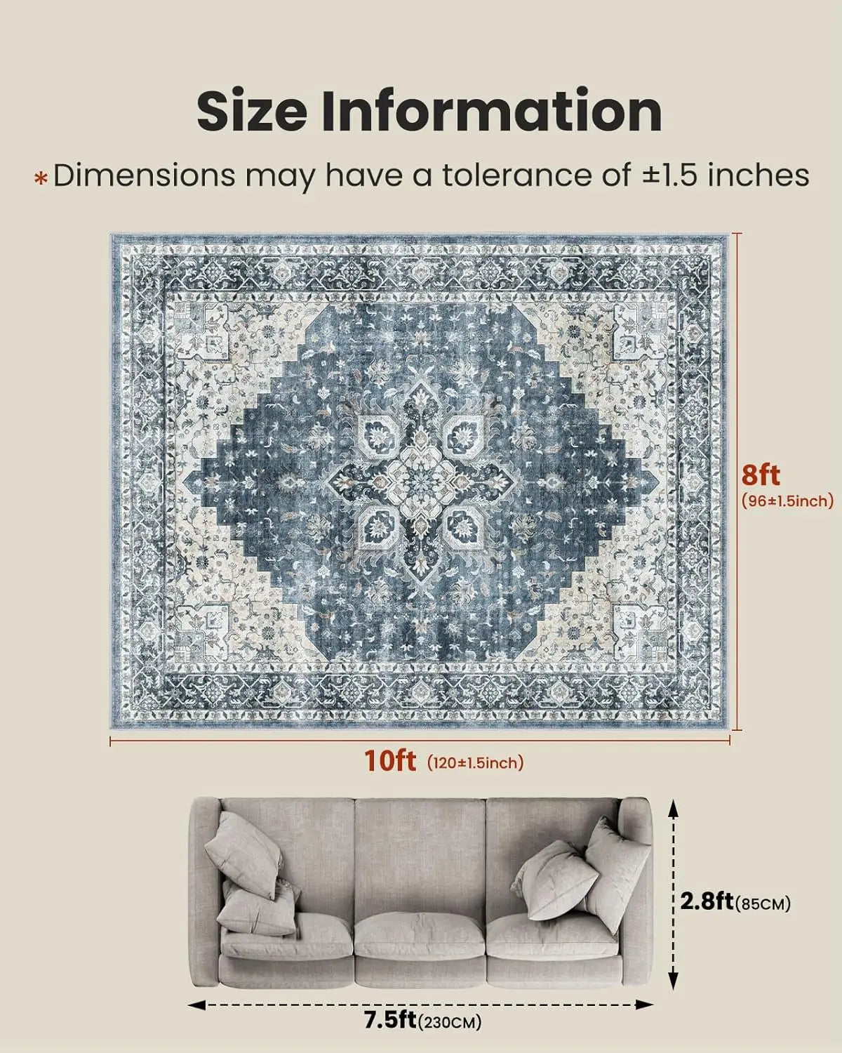 8x10 Washable Area Rug with Non-Slip Backing