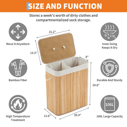 Large Bamboo Laundry Hamper with Removable Liner