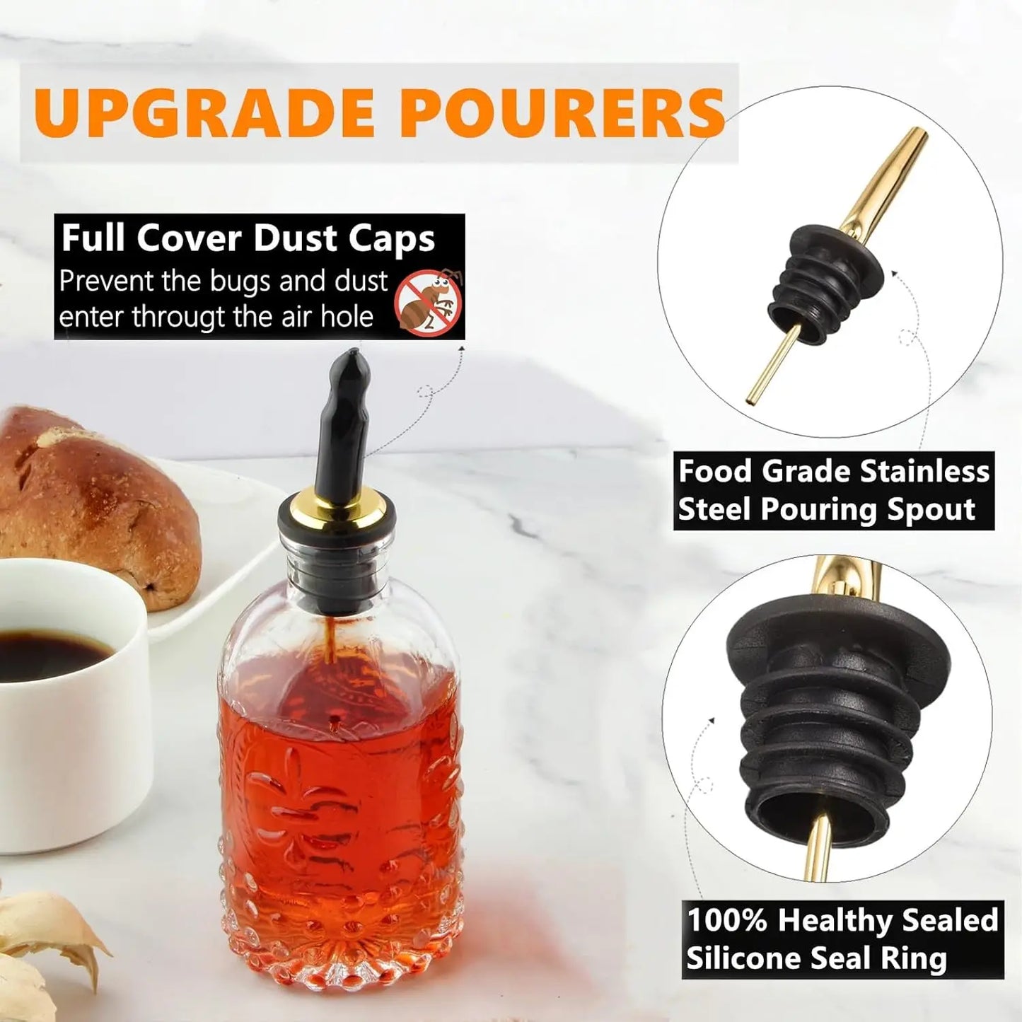 Glass Syrup Dispenser Bottle 7oz with Metal Pour Spout, Labels & Stopper for Coffee, Maple, Honey, Oil, Sauces